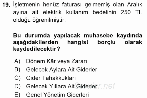 Genel Muhasebe 2 2015 - 2016 Dönem Sonu Sınavı 19.Soru