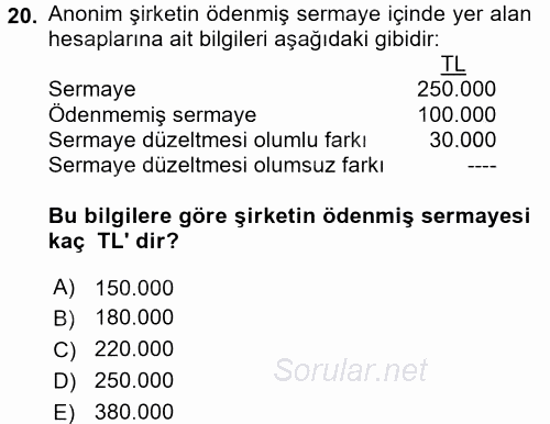 Genel Muhasebe 2 2015 - 2016 Dönem Sonu Sınavı 20.Soru