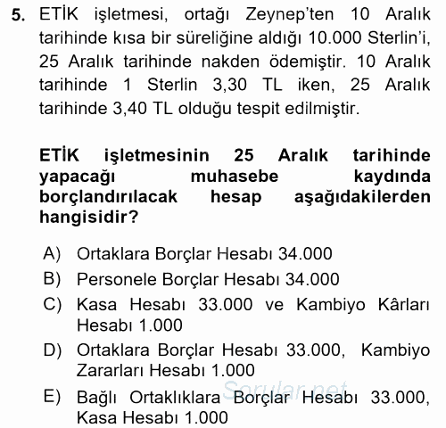 Genel Muhasebe 2 2015 - 2016 Dönem Sonu Sınavı 5.Soru