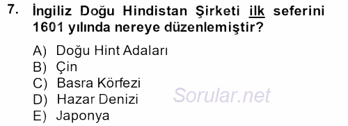 Sömürgecilik Tarihi (Afrika-Asya) 2014 - 2015 Dönem Sonu Sınavı 7.Soru