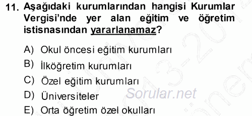 Özel Vergi Hukuku 1 2013 - 2014 Dönem Sonu Sınavı 11.Soru