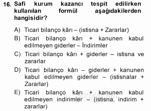 Özel Vergi Hukuku 1 2013 - 2014 Dönem Sonu Sınavı 16.Soru