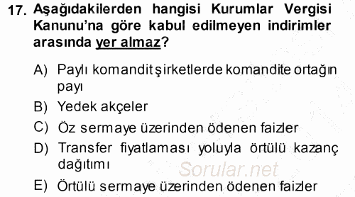 Özel Vergi Hukuku 1 2013 - 2014 Dönem Sonu Sınavı 17.Soru