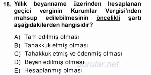 Özel Vergi Hukuku 1 2013 - 2014 Dönem Sonu Sınavı 18.Soru