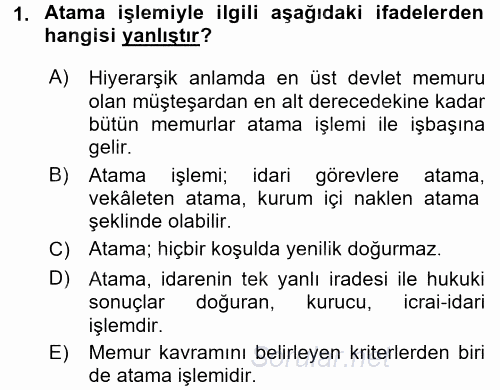 Memur Hukuku 2017 - 2018 Ara Sınavı 1.Soru