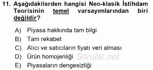 İstihdam ve İşsizlik 2016 - 2017 Ara Sınavı 11.Soru