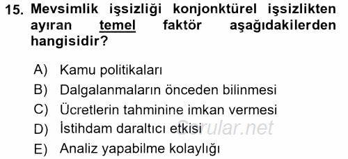 İstihdam ve İşsizlik 2016 - 2017 Ara Sınavı 15.Soru