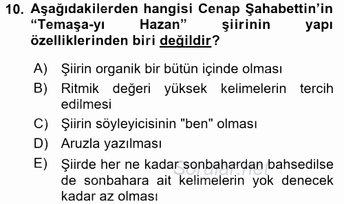 II. Abdülhamit Dönemi Türk Edebiyatı 2016 - 2017 Dönem Sonu Sınavı 10.Soru