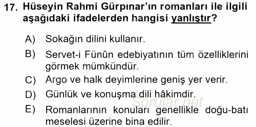 II. Abdülhamit Dönemi Türk Edebiyatı 2016 - 2017 Dönem Sonu Sınavı 17.Soru