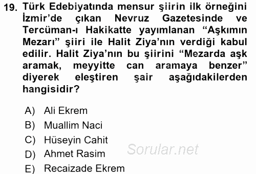 II. Abdülhamit Dönemi Türk Edebiyatı 2016 - 2017 Dönem Sonu Sınavı 19.Soru