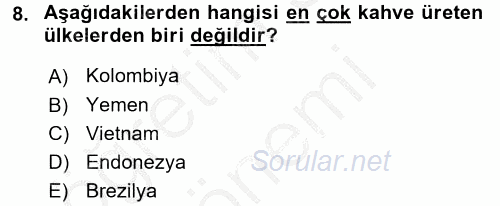 İçecek Bilgisi 2016 - 2017 Ara Sınavı 8.Soru