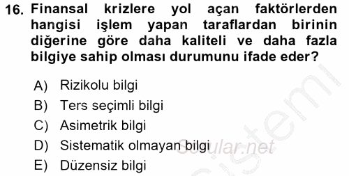 Finansal Yönetim 2 2016 - 2017 3 Ders Sınavı 16.Soru