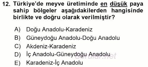 Gıda Coğrafyası 2016 - 2017 Dönem Sonu Sınavı 12.Soru