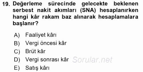 Finansal Tablolar Analizi 2016 - 2017 3 Ders Sınavı 19.Soru