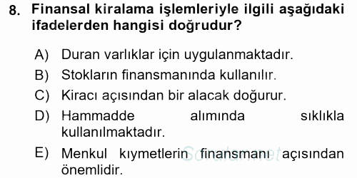 Finansal Tablolar Analizi 2016 - 2017 3 Ders Sınavı 8.Soru