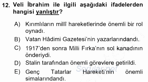 XIX. Yüzyıl Türk Dünyası 2016 - 2017 Ara Sınavı 12.Soru