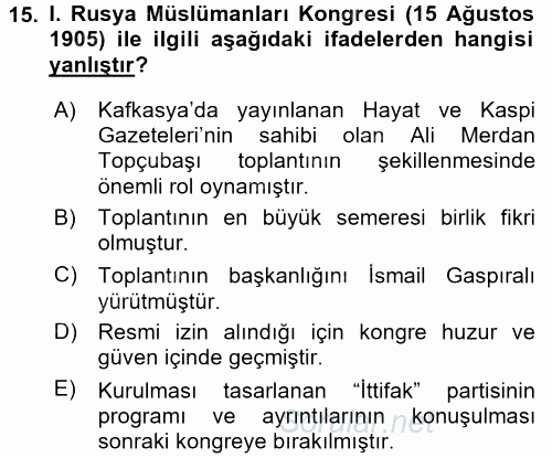 XIX. Yüzyıl Türk Dünyası 2016 - 2017 Ara Sınavı 15.Soru