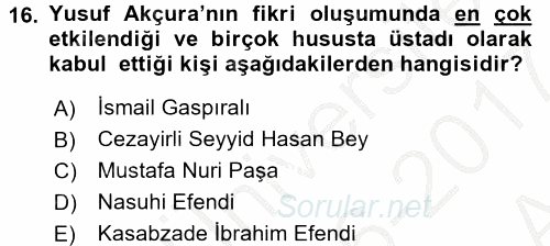 XIX. Yüzyıl Türk Dünyası 2016 - 2017 Ara Sınavı 16.Soru