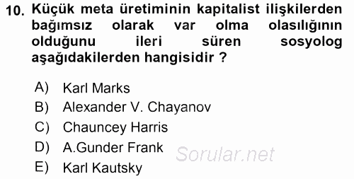 Kent Sosyolojisi 2015 - 2016 Dönem Sonu Sınavı 10.Soru