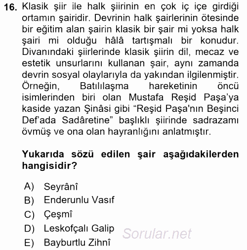 Tanzimat Dönemi Türk Edebiyatı 1 2017 - 2018 Ara Sınavı 16.Soru