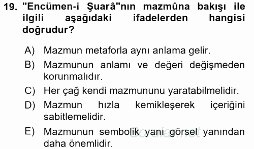 Tanzimat Dönemi Türk Edebiyatı 1 2017 - 2018 Ara Sınavı 19.Soru