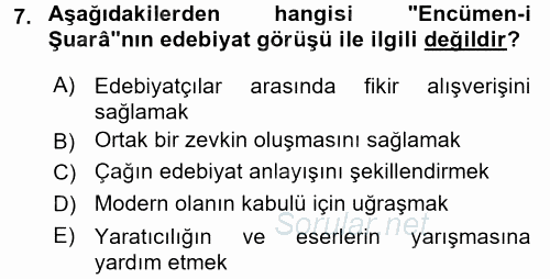 Tanzimat Dönemi Türk Edebiyatı 1 2017 - 2018 Ara Sınavı 7.Soru