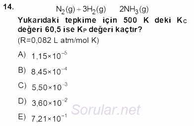 Genel Kimya 2 2013 - 2014 Dönem Sonu Sınavı 14.Soru