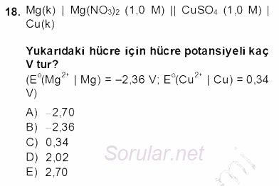 Genel Kimya 2 2013 - 2014 Dönem Sonu Sınavı 18.Soru