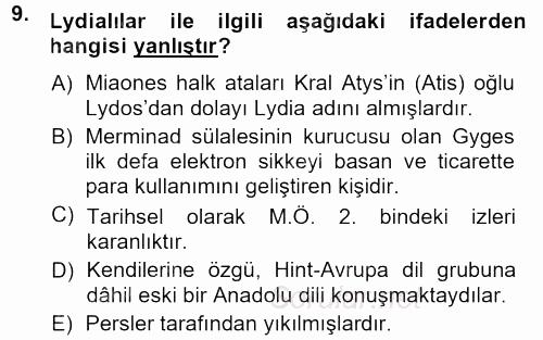 Anadolu Arkeolojisi 2013 - 2014 Dönem Sonu Sınavı 9.Soru