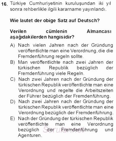 Turizm Için Almanca 2 2013 - 2014 Tek Ders Sınavı 16.Soru
