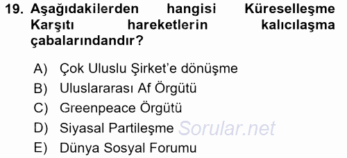 Uluslararası İlişkilere Giriş 2017 - 2018 Dönem Sonu Sınavı 19.Soru