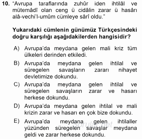 Osmanlı Türkçesi Metinleri 1 2016 - 2017 Ara Sınavı 10.Soru