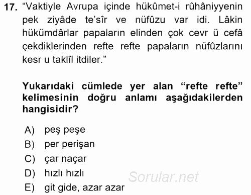 Osmanlı Türkçesi Metinleri 1 2016 - 2017 Ara Sınavı 17.Soru