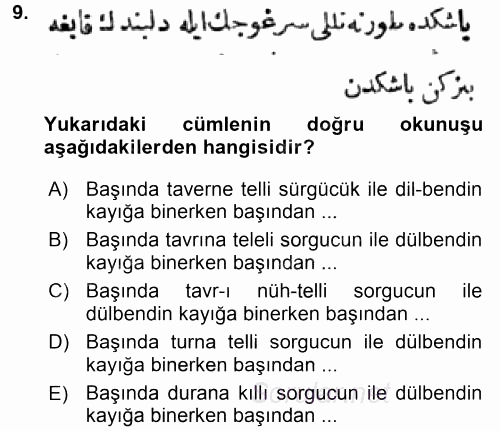 Osmanlı Türkçesi Metinleri 1 2016 - 2017 Ara Sınavı 9.Soru