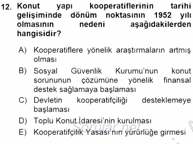 Konut Yapı Kooperatifçiliği 2015 - 2016 Ara Sınavı 12.Soru