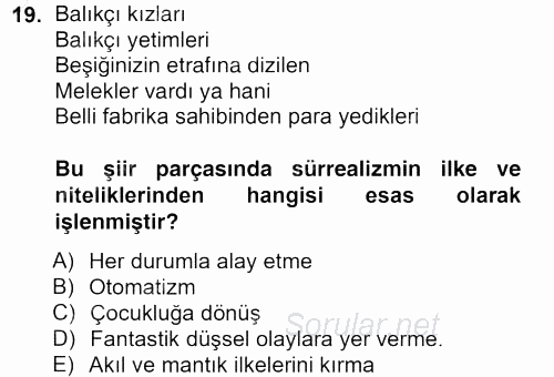 Batı Edebiyatında Akımlar 2 2012 - 2013 Ara Sınavı 19.Soru