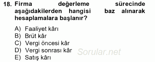 Finansal Tablolar Analizi 2013 - 2014 Tek Ders Sınavı 18.Soru