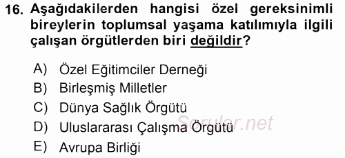 Özel Gereksinimli Bireyler ve Bakım Hizmetleri 2016 - 2017 Dönem Sonu Sınavı 16.Soru