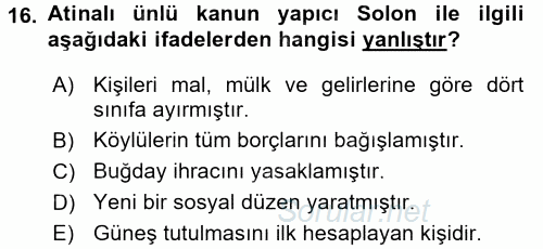 Uygarlık Tarihi 1 2016 - 2017 Dönem Sonu Sınavı 16.Soru