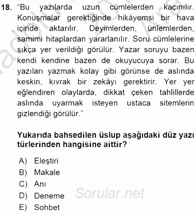 Cumhuriyet Dönemi Türk Nesri 2015 - 2016 Ara Sınavı 18.Soru