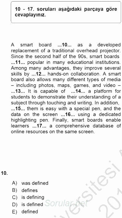 Pedagojik Gramer 1 2015 - 2016 Ara Sınavı 10.Soru