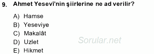 Türk Halk Şiiri 2014 - 2015 Tek Ders Sınavı 9.Soru