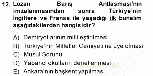 Türk Dış Politikası 1 2014 - 2015 Ara Sınavı 12.Soru