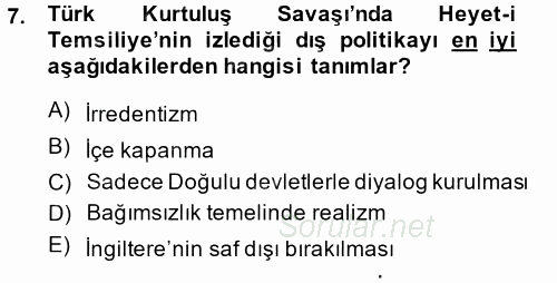 Türk Dış Politikası 1 2014 - 2015 Ara Sınavı 7.Soru