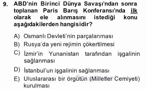 Türk Dış Politikası 1 2014 - 2015 Ara Sınavı 9.Soru