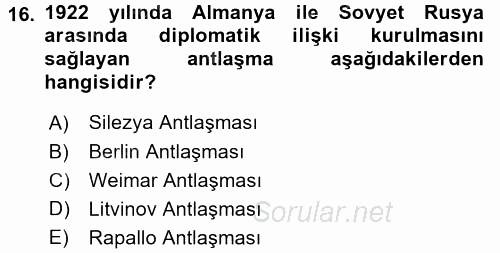 Siyasi Tarih 1 2015 - 2016 Tek Ders Sınavı 16.Soru