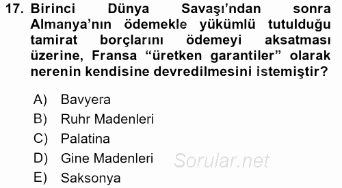 Siyasi Tarih 1 2015 - 2016 Tek Ders Sınavı 17.Soru