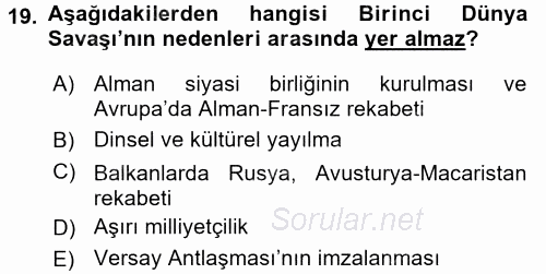Siyasi Tarih 1 2015 - 2016 Tek Ders Sınavı 19.Soru