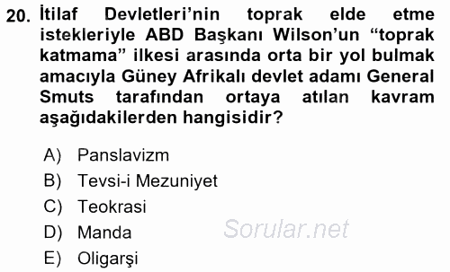 Siyasi Tarih 1 2015 - 2016 Tek Ders Sınavı 20.Soru