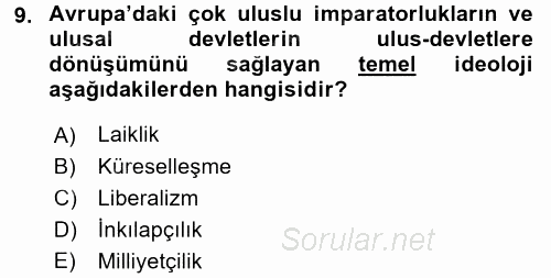 Siyasi Tarih 1 2015 - 2016 Tek Ders Sınavı 9.Soru